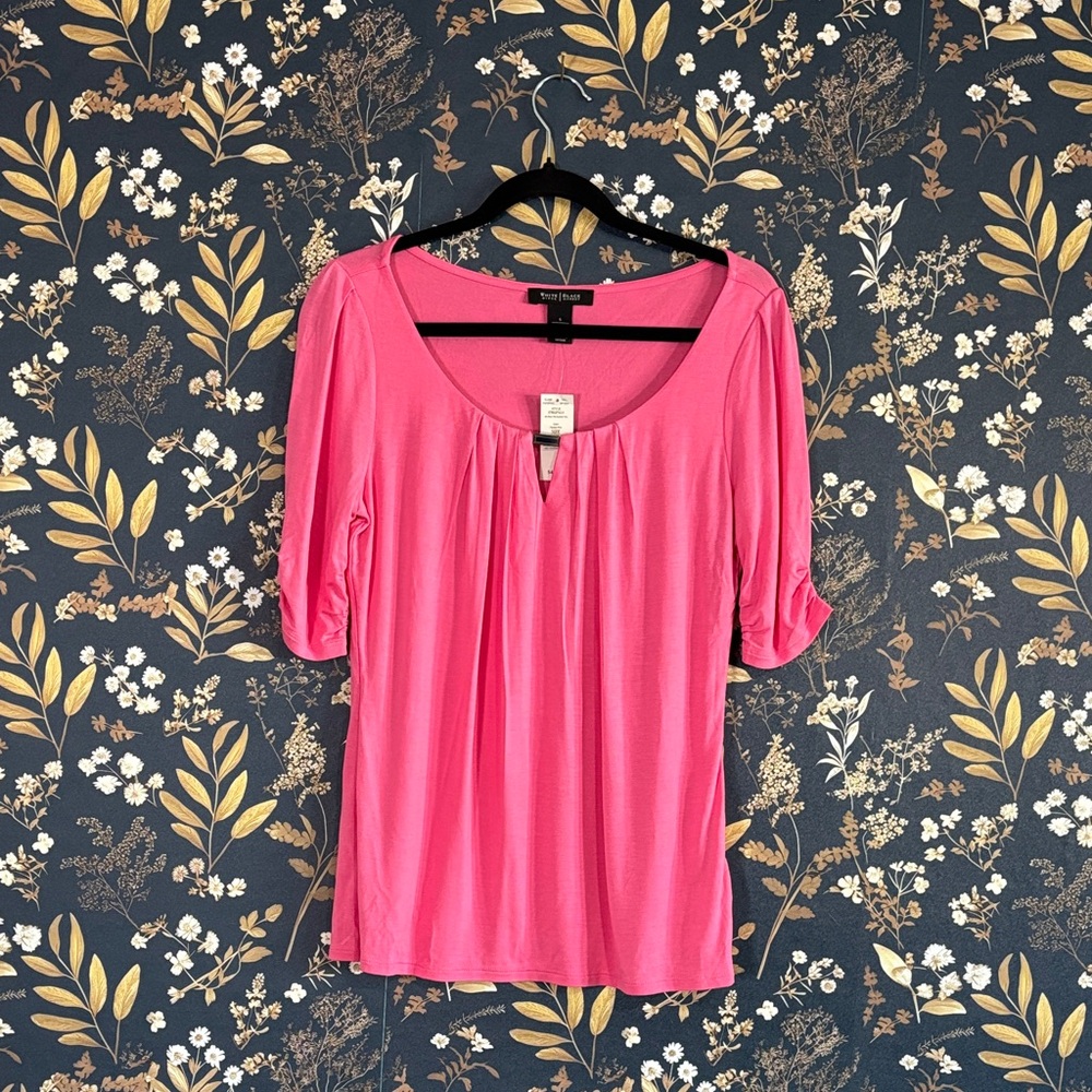 WHBM White House Black Market Vibrant Pink Blouse W/ Bead Keyhole Size S